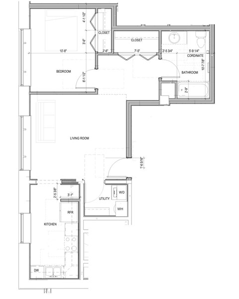 A floor plan of a house with a living room, kitchen, bedroom, bathroom and closet.